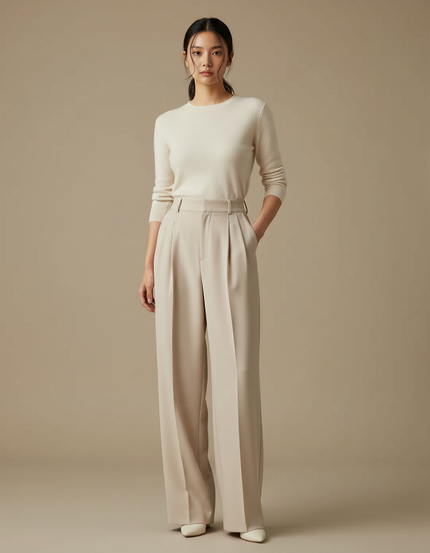 Pantalon À Pince Beige Plissé Fluide Élégant - Polyester