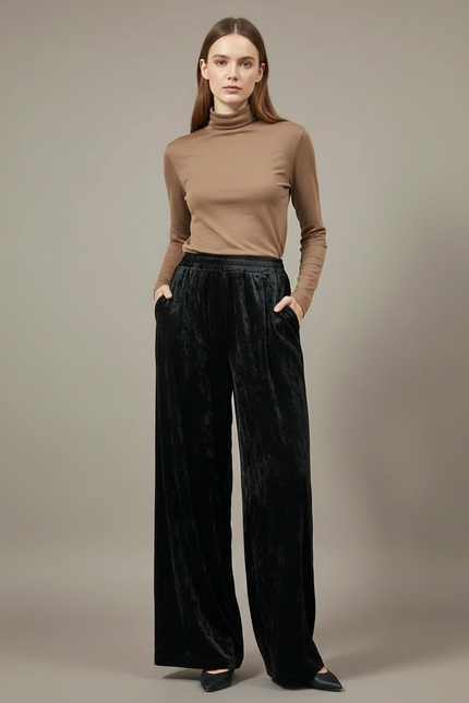 Pantalon À Pince Noir Velours Fluide Ample Femme