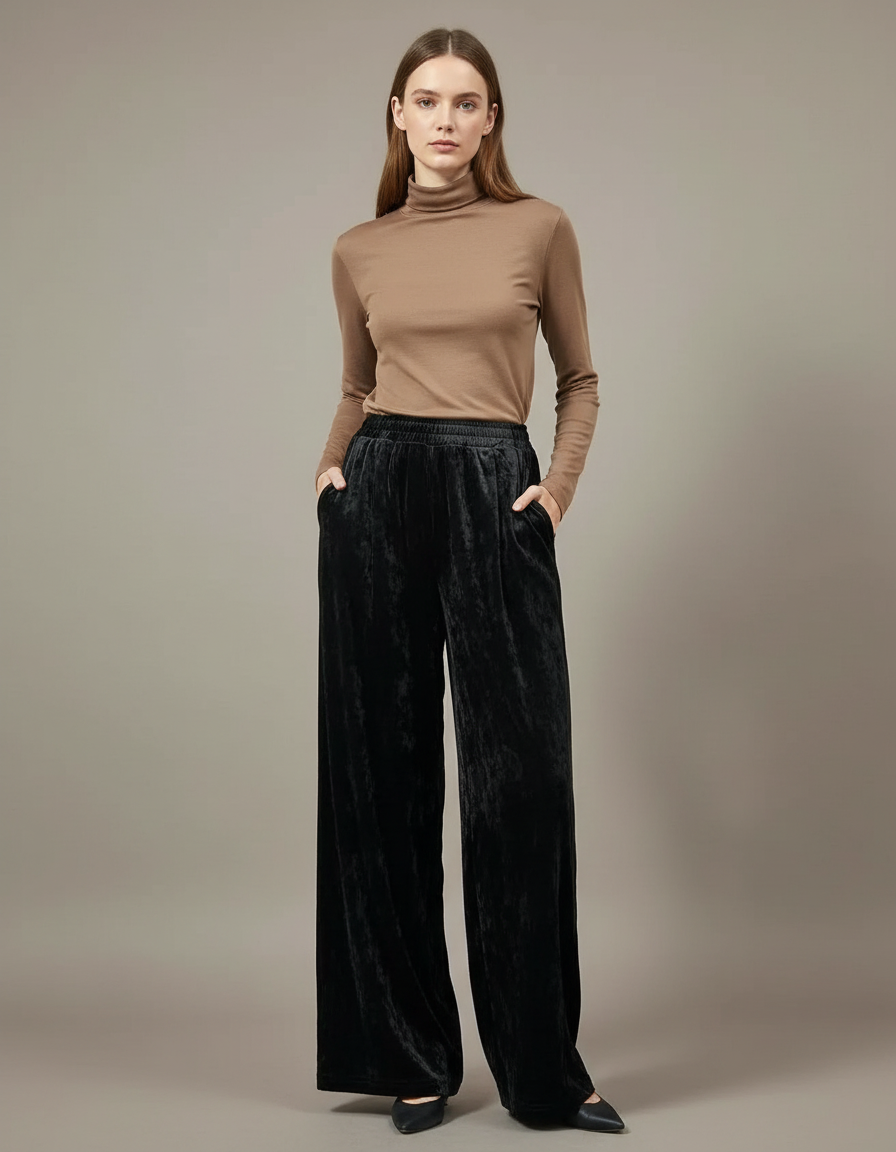 Pantalon À Pince Noir Velours Fluide Ample Femme