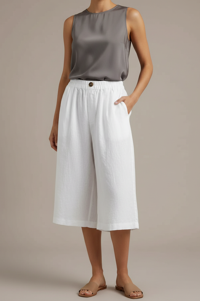 Pantalon À Pince Blanc Lin Ample Court Décontracté