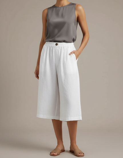 Pantalon À Pince Blanc Lin Ample Court Décontracté