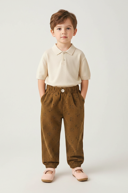 Pantalon À Pince Marron Côtelé Imprimé Ample Enfant - Cordé