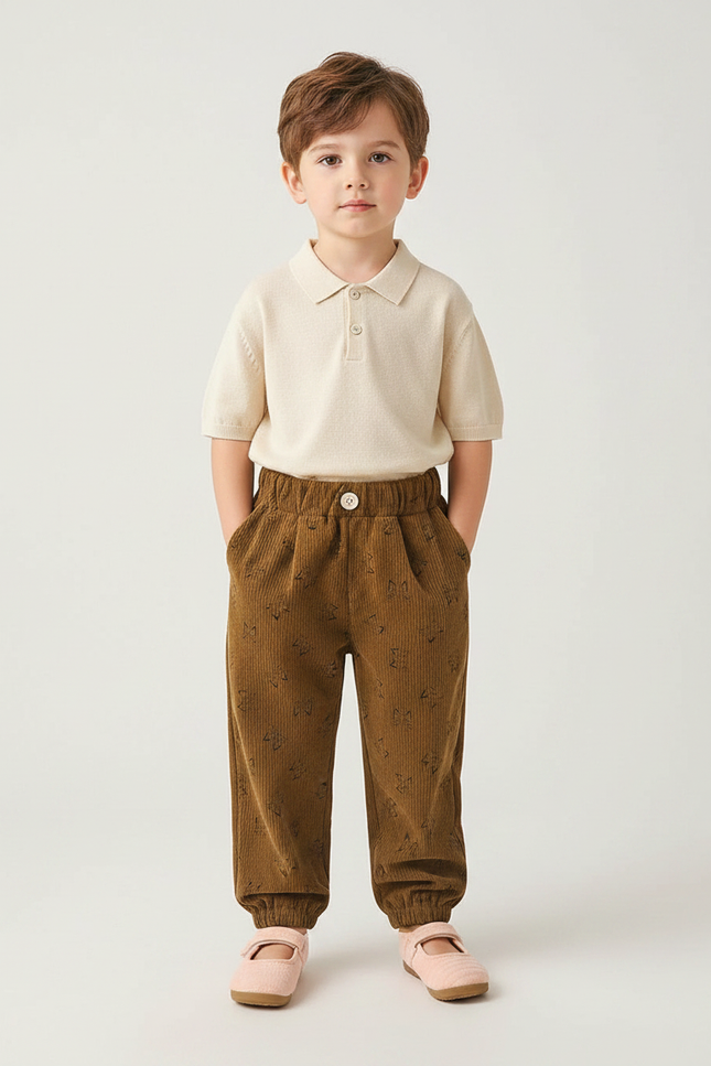 Pantalon À Pince Marron Côtelé Imprimé Ample Enfant - Cordé