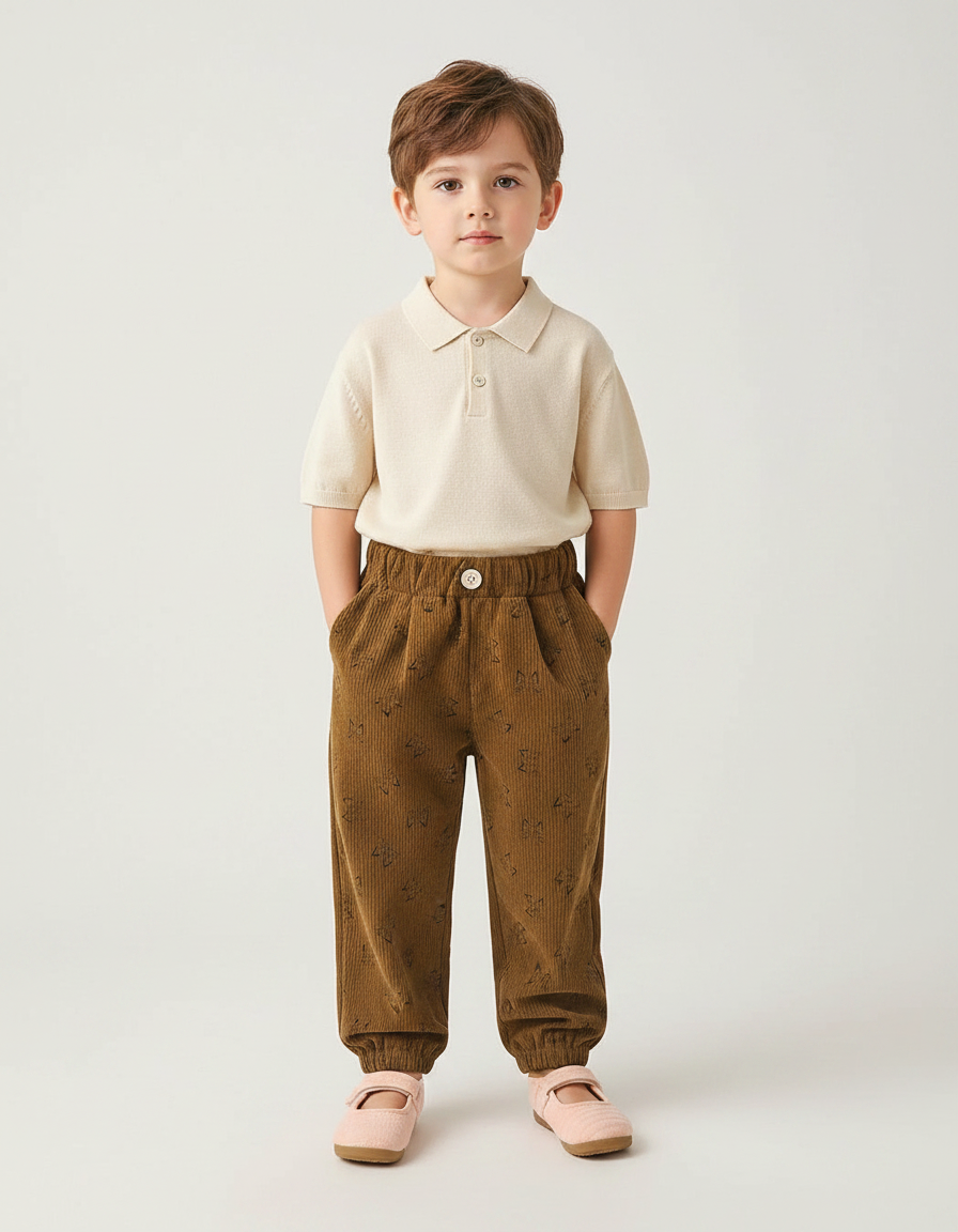 Pantalon À Pince Marron Côtelé Imprimé Ample Enfant - Cordé