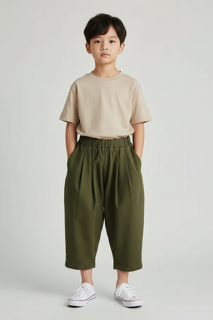Pantalon À Pince Kaki Ample Décontracté Enfant Coton