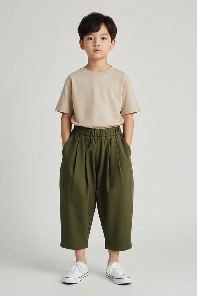 Pantalon À Pince Kaki Ample Décontracté Enfant Coton
