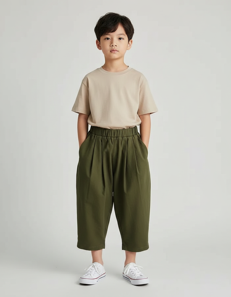 Pantalon À Pince Kaki Ample Décontracté Enfant Coton