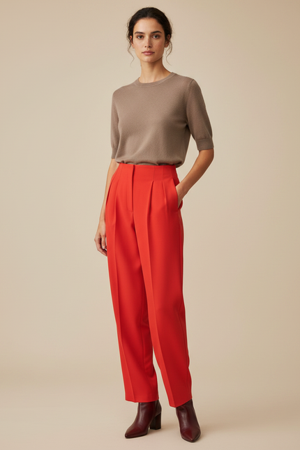 Pantalon À Pince Rouge Vif Taille Haute Fluide Élégant - Gabardine