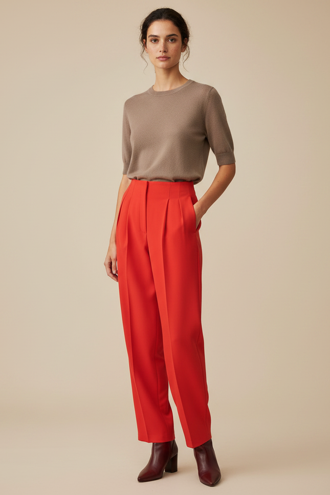 Pantalon À Pince Rouge Vif Taille Haute Fluide Élégant - Gabardine