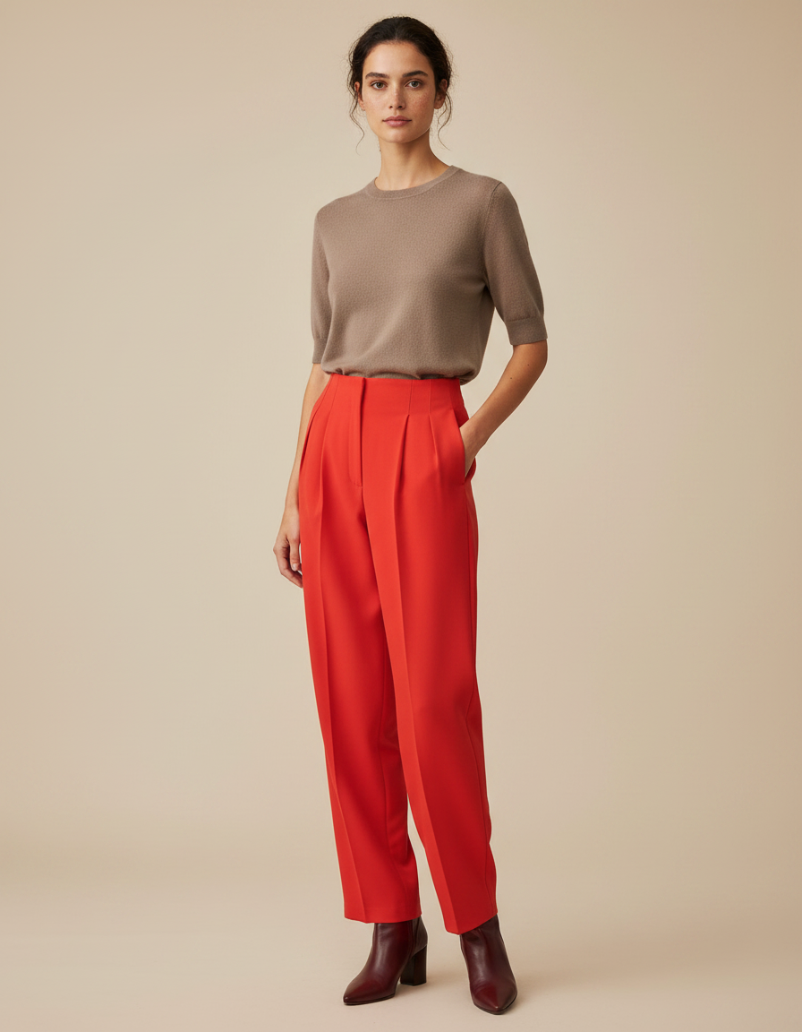 Pantalon À Pince Rouge Vif Taille Haute Fluide Élégant - Gabardine