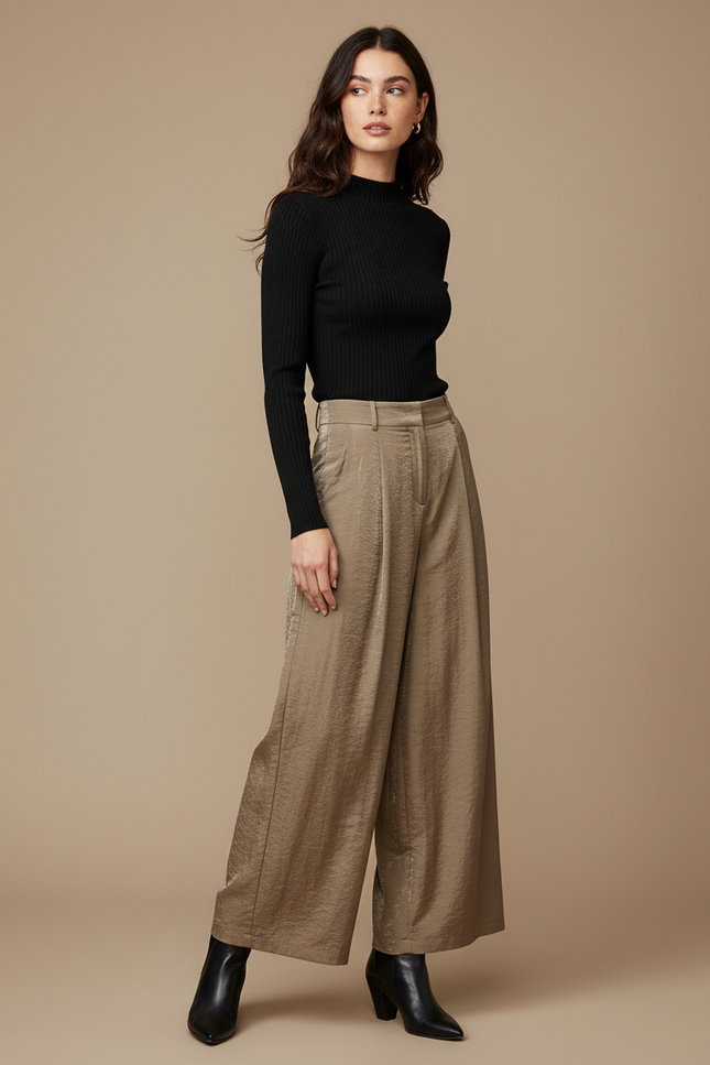 Pantalon À Pince Satiné Plissé Taille Haute Fluide Élégant - Kaki