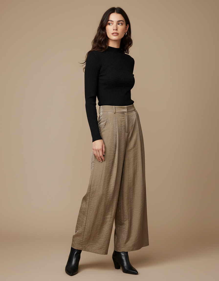 Pantalon À Pince Satiné Plissé Taille Haute Fluide Élégant - Kaki
