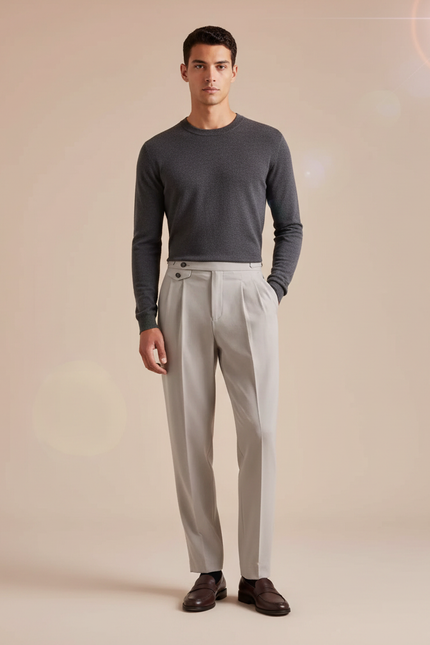 Pantalon À Pince Gris Clair Plissé Coupe Droite Homme - Laine