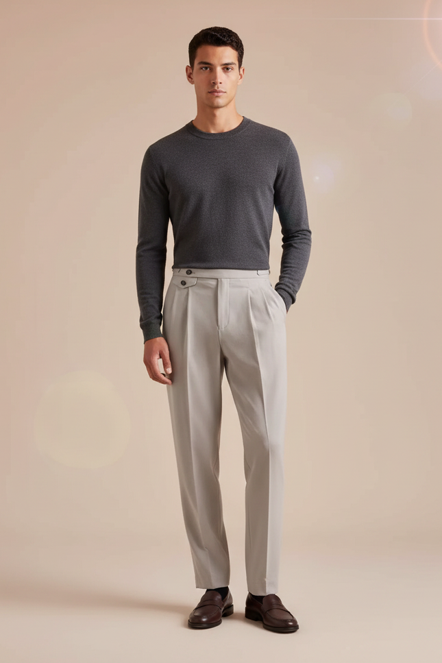 Pantalon À Pince Gris Clair Plissé Coupe Droite Homme - Laine