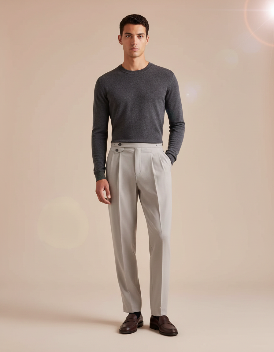 Pantalon À Pince Gris Clair Plissé Coupe Droite Homme - Laine