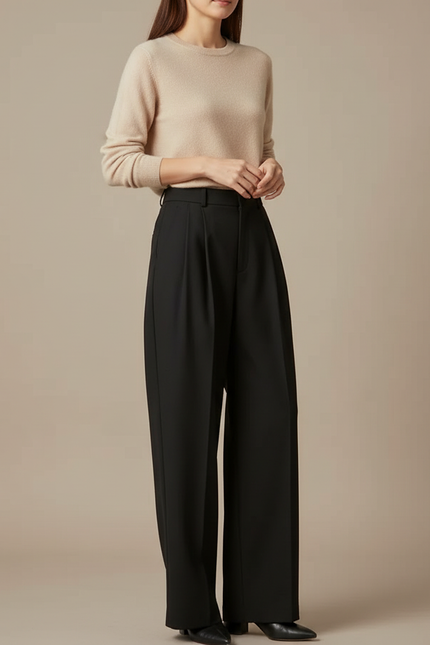 Pantalon À Pince Noir Ample Plissé Taille Haute - Gabardine