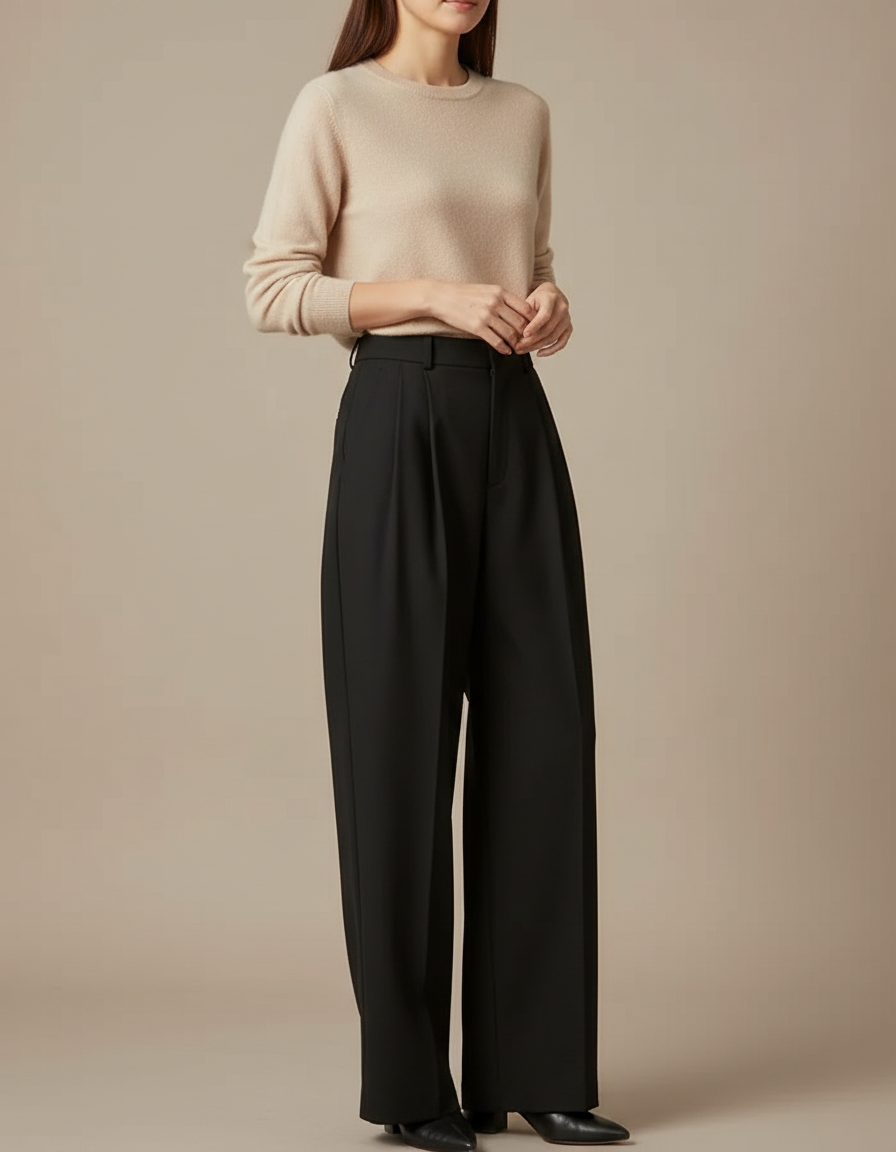 Pantalon À Pince Noir Ample Plissé Taille Haute - Gabardine