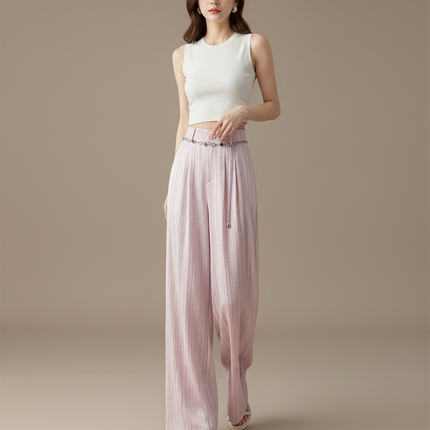 Pantalon À Pince Rose Pâle Fluide Rayé Élégant Femme - Lin