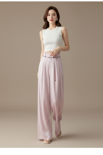 Pantalon À Pince Rose Pâle Fluide Rayé Élégant Femme - Lin