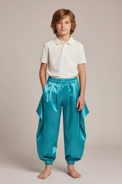 Pantalon À Pince Satiné Turquoise Ample Enfant Harem - Bleu