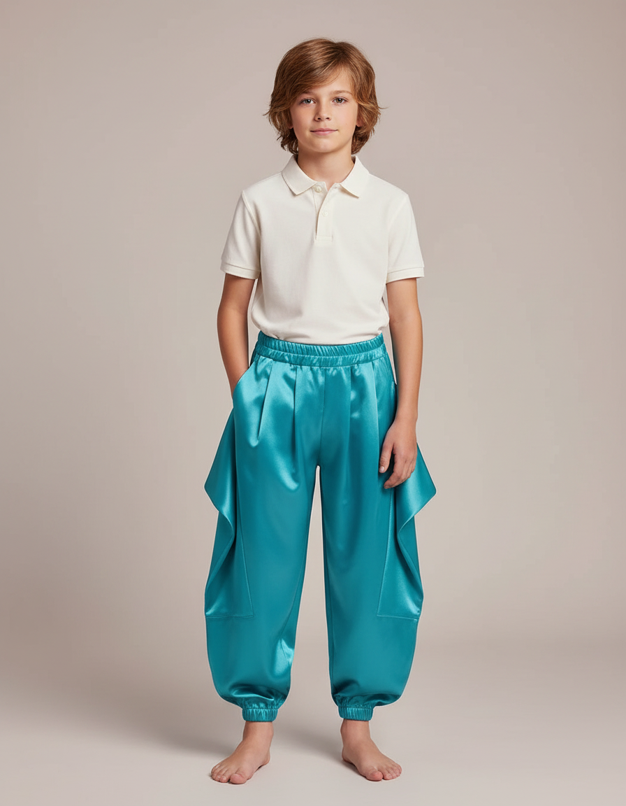 Pantalon À Pince Satiné Turquoise Ample Enfant Harem - Bleu