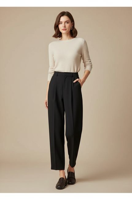 Pantalon À Pince Noir Fluide Taille Haute Décontracté - Viscose