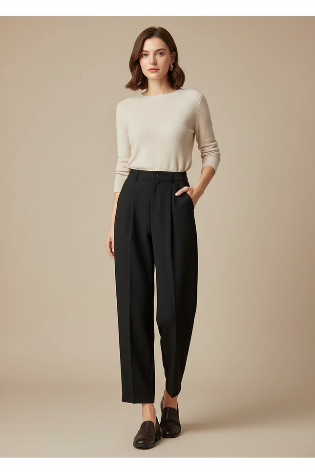 Pantalon À Pince Noir Fluide Taille Haute Décontracté - Viscose
