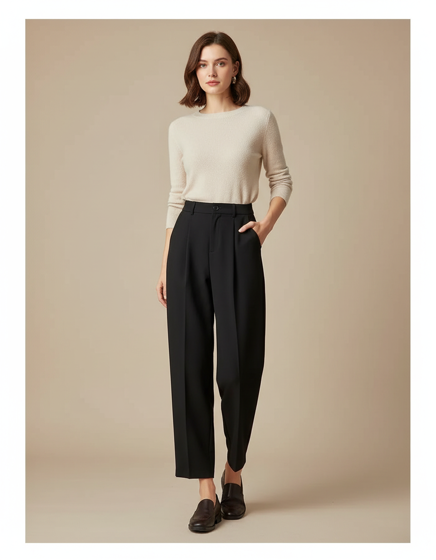 Pantalon À Pince Noir Fluide Taille Haute Décontracté - Viscose