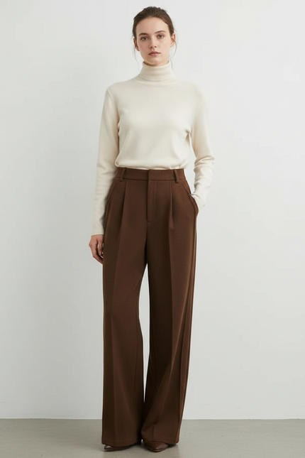 Pantalon À Pince Marron Ample Plissé Décontracté Élégant - Laine