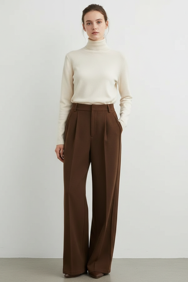 Pantalon À Pince Marron Ample Plissé Décontracté Élégant - Laine