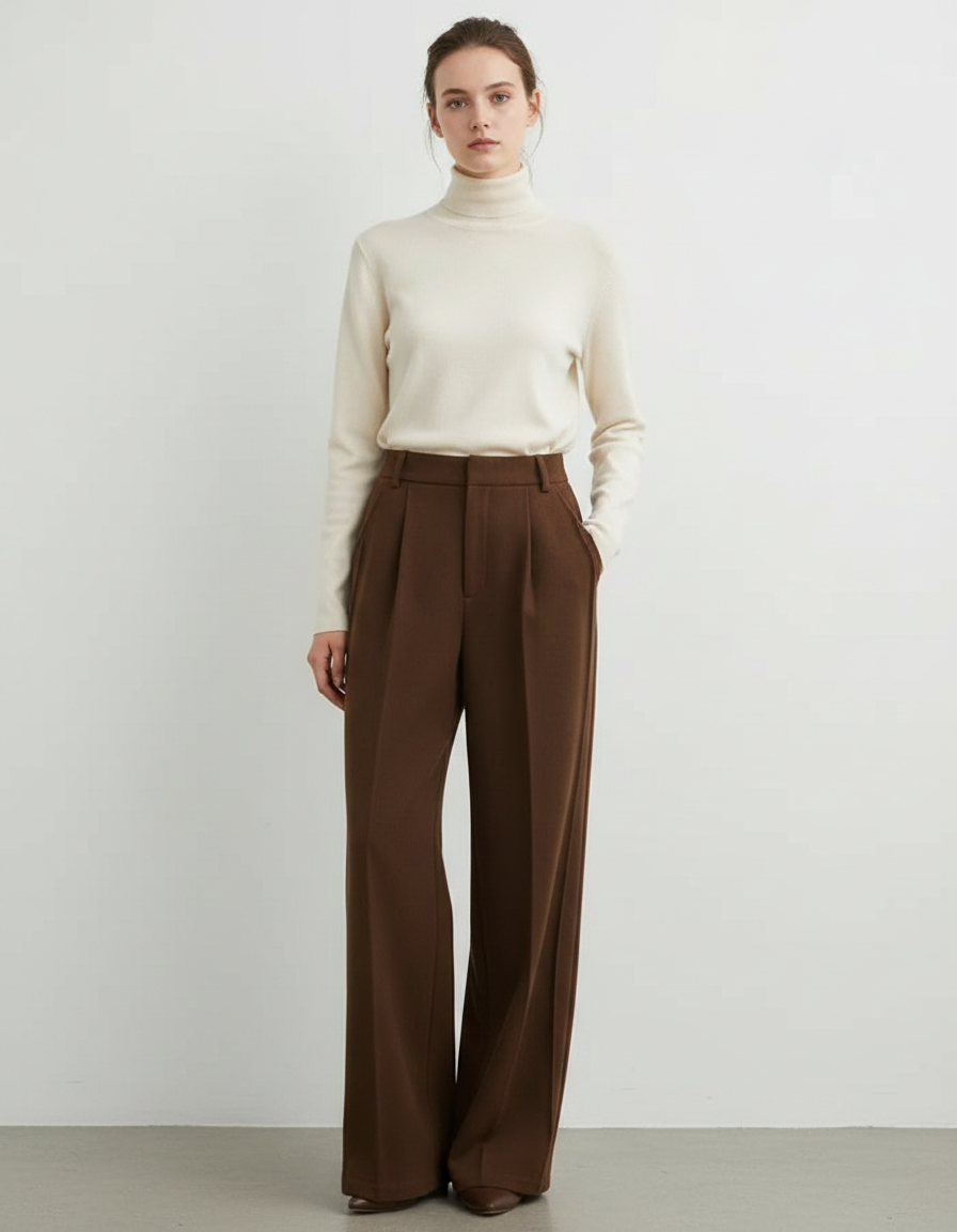 Pantalon À Pince Marron Ample Plissé Décontracté Élégant - Laine