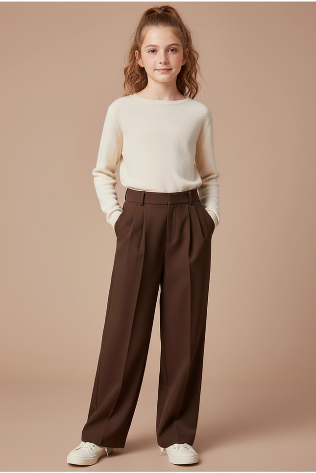 Pantalon À Pince Marron Ample Fluide Décontracté Enfant - Polyester