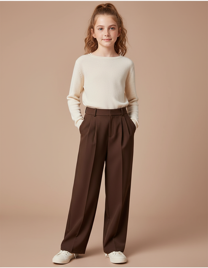 Pantalon À Pince Marron Ample Fluide Décontracté Enfant - Polyester