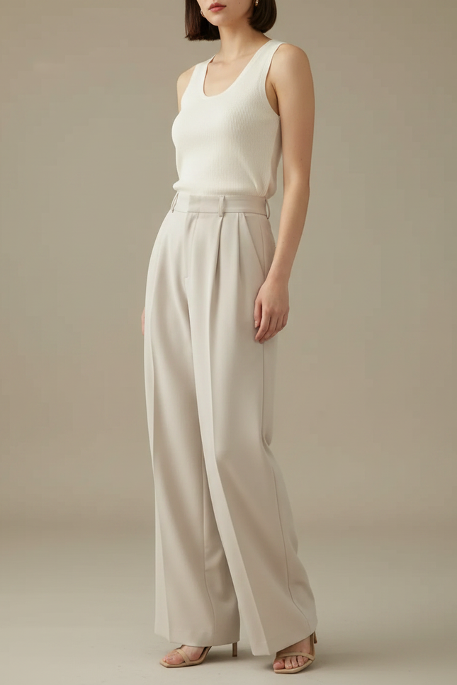 Pantalon À Pince Beige Droit Fluide Élégant Femme - Polyester
