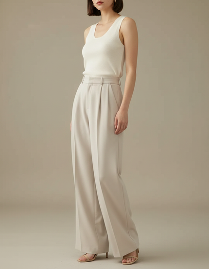 Pantalon À Pince Beige Droit Fluide Élégant Femme - Polyester