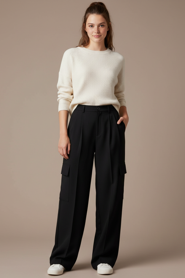 Pantalon À Pince Noir Ample Cargo Décontracté Femme - Polyester