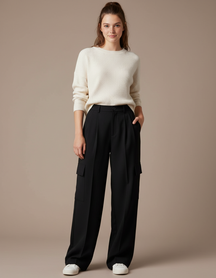 Pantalon À Pince Noir Ample Cargo Décontracté Femme - Polyester