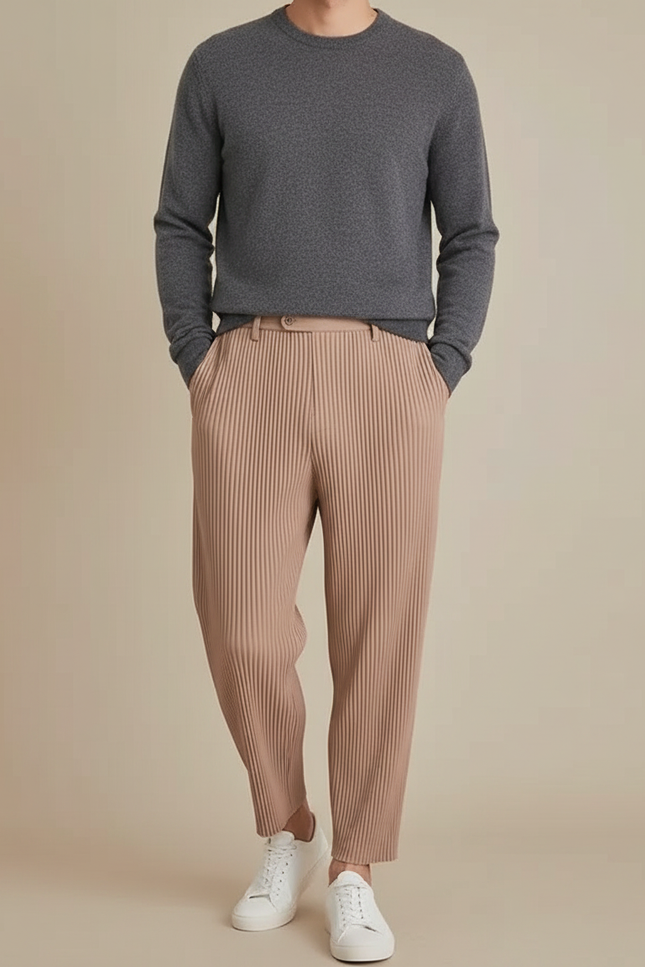 Pantalon À Pince Plissé Confortable Beige Décontracté Homme - Polyester