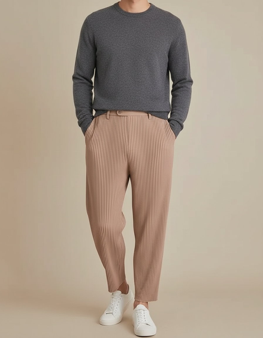 Pantalon À Pince Plissé Confortable Beige Décontracté Homme - Polyester