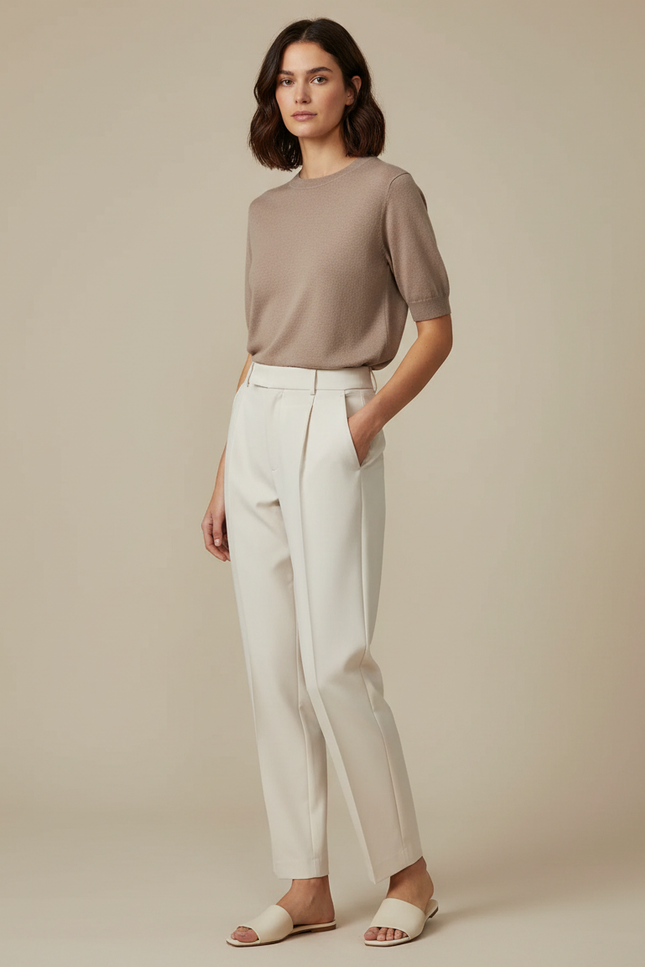 Pantalon À Pince Crème Droit Élégant Décontracté Femme - Blanc Polyester