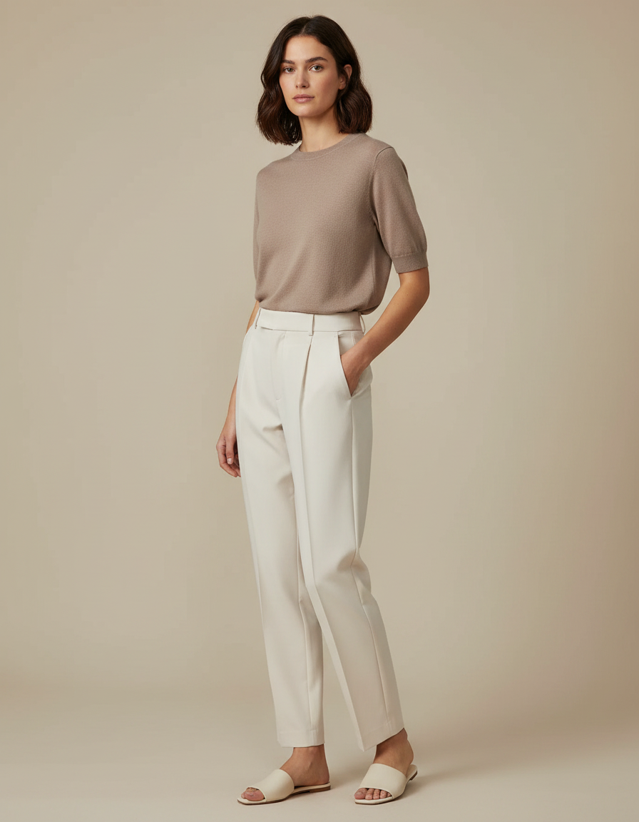 Pantalon À Pince Crème Droit Élégant Décontracté Femme - Blanc Polyester