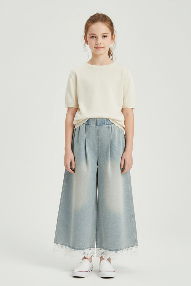 Pantalon À Pince Denim Ample Fille Dentelle Décontracté - Bleu Jean