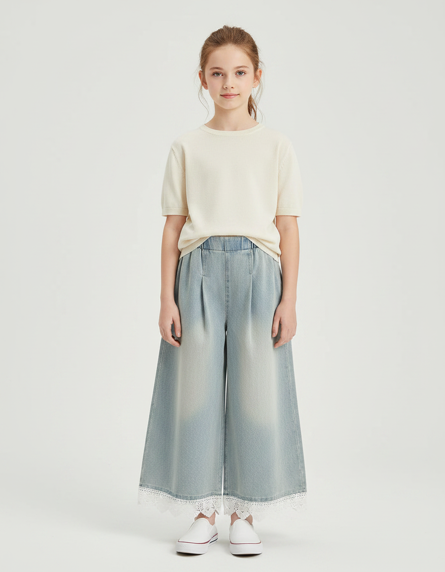 Pantalon À Pince Denim Ample Fille Dentelle Décontracté - Bleu Jean