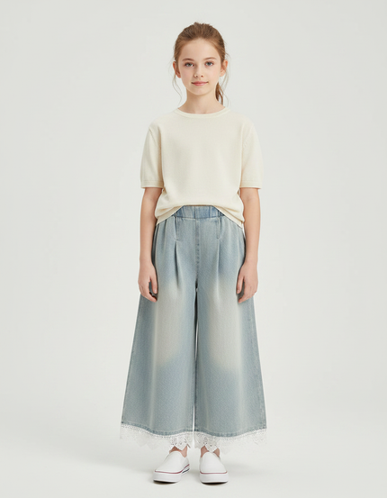 Pantalon À Pince Denim Ample Fille Dentelle Décontracté - Bleu Jean