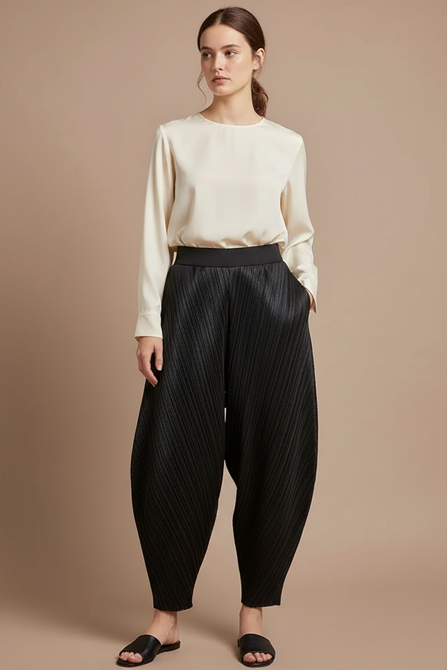 Pantalon À Pince Plissé Noir Ample Fluide Décontracté - Polyester