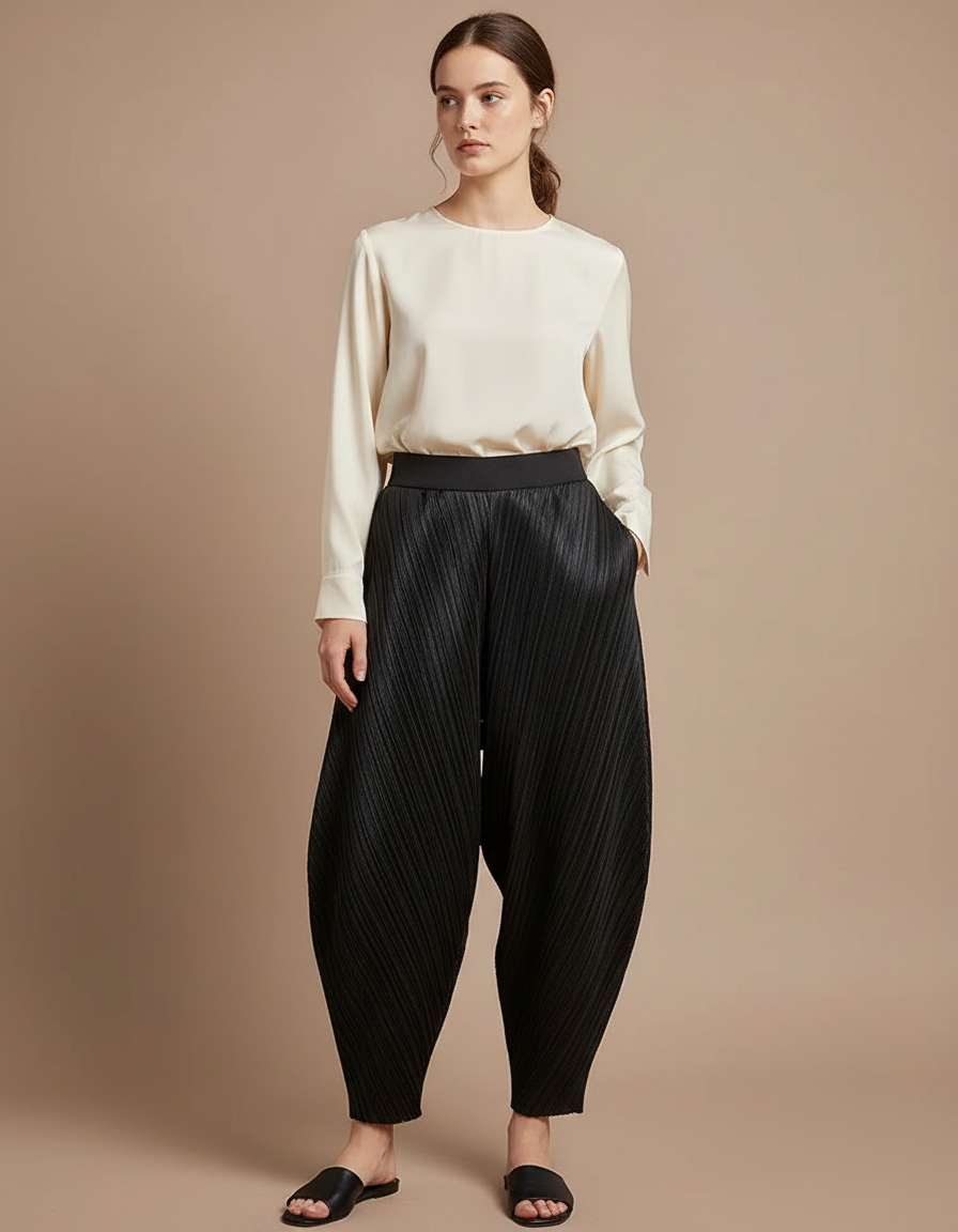 Pantalon À Pince Plissé Noir Ample Fluide Décontracté - Polyester