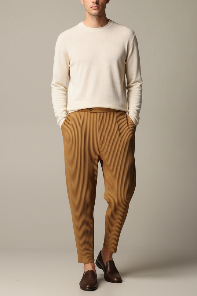 Pantalon À Pince Marron Plissé Décontracté Ample Homme - Camel Maille