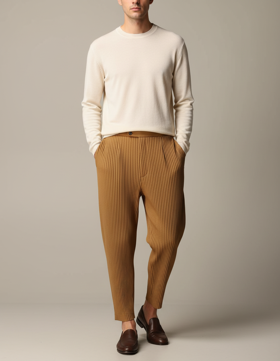 Pantalon À Pince Marron Plissé Décontracté Ample Homme - Camel Maille