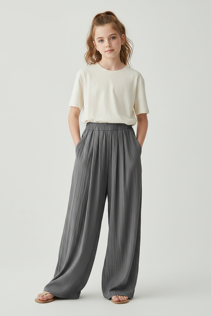 Pantalon À Pince Gris Fluide Ample Décontracté - Lin