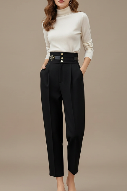 Pantalon À Pince Noir Taille Haute Ample Décontracté Femme - Gabardine